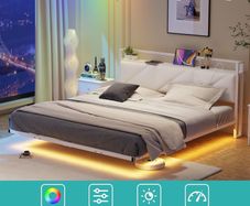 Floating King Metal Bed Frame with LED Lights & USB Charging Station, 150x200cmMetal