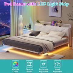 Floating King Metal Bed Frame with LED Lights & USB Charging Station, 150x200cmMetal