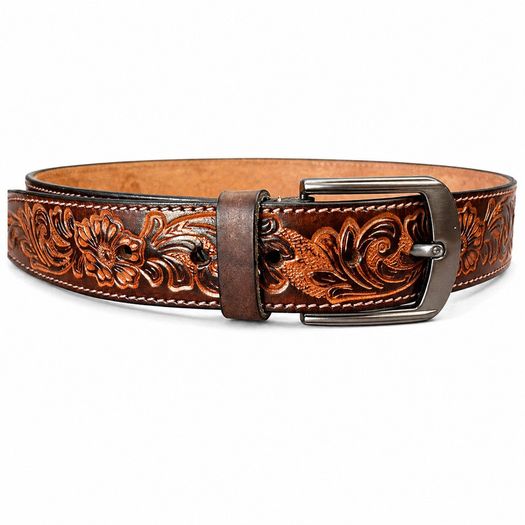 Unisex Genuine Leather Belt Vintage Embossed Design with Antique Buckle Casual & Formal Waist Belt