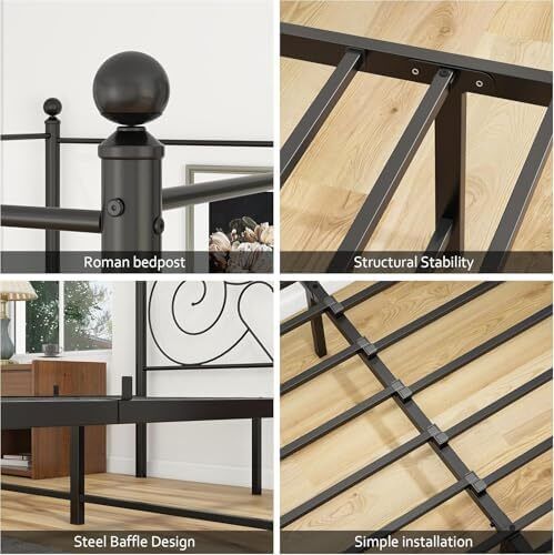 5ft King Canopy Bed Frame Platform, 150x200cm Kingsize Bed Frame with Vintage Headboard and Footboard, Heavy Duty Steel Slats and Support with Mattress Foundation,Black