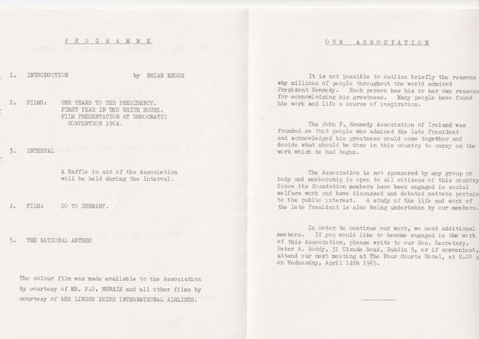 John F. Kennedy Association Of Ireland 1965 Film Show Profile Of Courage Book 42 Pages