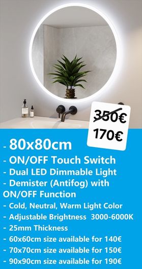 LED Bathroom Mirrors Selection Clock Speakers Bluetooth Demister Antifog Wi-Fi Weather Station Makeup