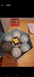box of blue Christmas decorations