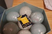 box of blue Christmas decorations