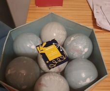 box of blue Christmas decorations