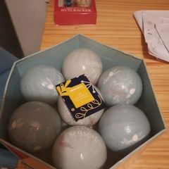 box of blue Christmas decorations