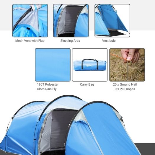 2-3 Man Tunnel Tents w/ Vestibule Camping Tent Porch Air Vents Rainfly Weather-Resistant Shelter Fishing Hiking Festival Shelter Home