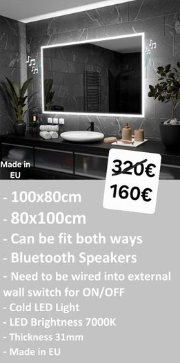 LED Bathroom Mirror Horizonatl Vertical Fit Bluetoooth Speakers Makeup Cosmetic Vanity Ensuite Bright Light Made in EU