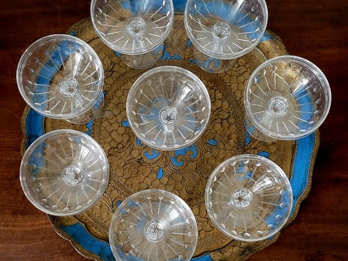 Mid-century Stuart England "Oleta" cut crystal champagne coupes x 8