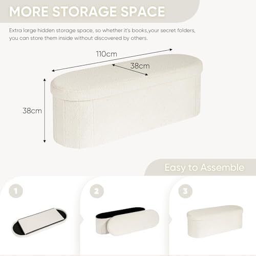 Folding Ottoman Storage Bench,Boucle Footstool Oval, End of Bed Stool, Ideal for Living Room, Bedroom, 100L Storage Space,White,110x38x38cm