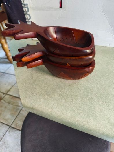 Vintage Mid-Century Modern 3 Piece Set Monkey Pod Wood Pineapple Dish Bowls
