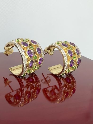 Silver earrings Harry Ivens Amethyst & Chrome Diopside Hoop Earrings