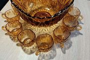 Vintage Amber Glass Punch Bowl Set