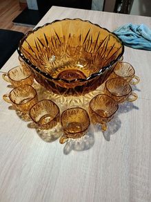 Vintage Amber Glass Punch Bowl Set