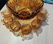 Vintage Amber Glass Punch Bowl Set