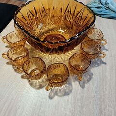 Vintage Amber Glass Punch Bowl Set