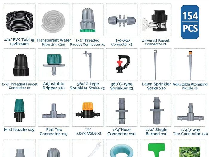 40+2m/132+6.6ft Irrigation Hose, 154Pcs Garden Irrigation System Micro Drip Irrigation Kit with 4-Types Nozzles & 4x6-Way Connector & 1/4" Tubing Valve, Auto Plant Watering Kit Misting Cooling System