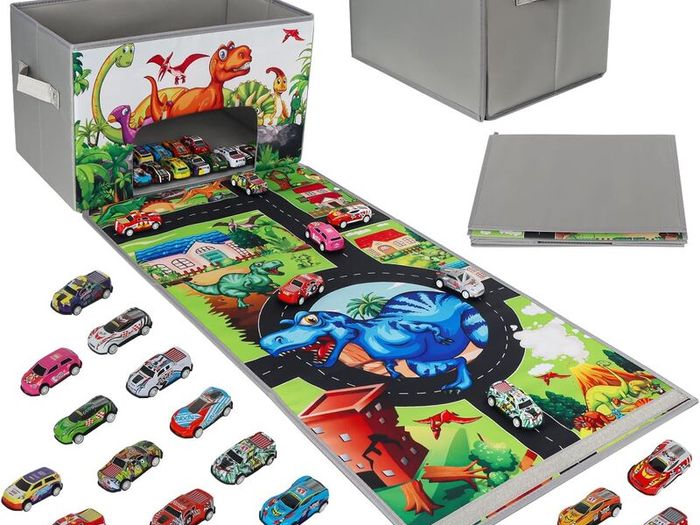 Toy Car Storage Box Play Mat with 20 Cars, Kids Storage Boxes with Handles, Foldable and Portable Toy Car Mats with Speed Roads for Boys Girls
