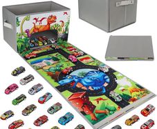 Toy Car Storage Box Play Mat with 20 Cars, Kids Storage Boxes with Handles, Foldable and Portable Toy Car Mats with Speed Roads for Boys Girls