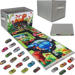 Toy Car Storage Box Play Mat with 20 Cars, Kids Storage Boxes with Handles, Foldable and Portable Toy Car Mats with Speed Roads for Boys Girls