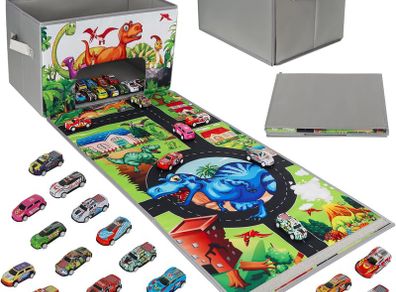 Toy Car Storage Box Play Mat with 20 Cars, Kids Storage Boxes with Handles, Foldable and Portable Toy Car Mats with Speed Roads for Boys Girls