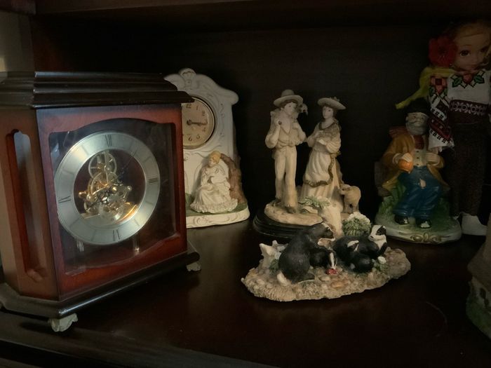 Clock, figures, Display Cabinet