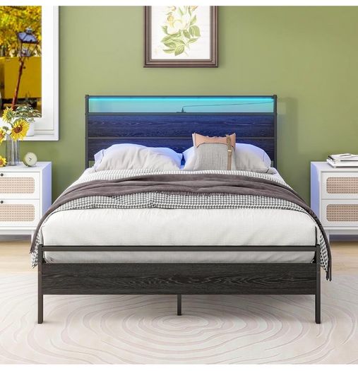 Double Bed Frame with Heaboard & LED lights,4ft6 Metal Wooden Bed Frame Double Bed with Charging Station,Mattress Base/Underbed Storage,Heavy Duty Strong Slats Support,Black Bed 135x190cm