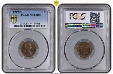 USA United States 1919 S Lincoln Wheat Penny Cent PCGS MS63BN