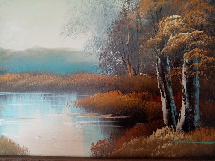 Painting of mountains lake and trees