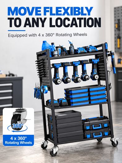 Heavy Duty 4 Tier Tool Organiser Cart with Wheels 150 lbs Rolling Tool Trolley Garage Storage Rack