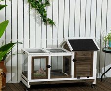 Wooden Rabbit Hutch, Guinea Pig Cage, with Removable Tray, Wheels - Brown