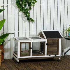 Wooden Rabbit Hutch, Guinea Pig Cage, with Removable Tray, Wheels - Brown