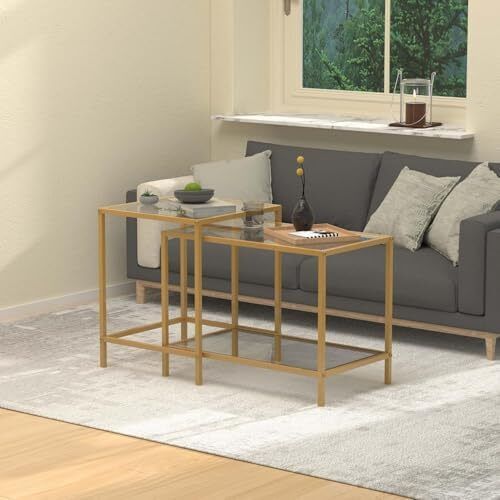 Nesting Tables, Set of 2 End Table, Coffee Tables, Side Table with Metal Frame for Living Room/Bedroom/Balcony/Office/Apartment, Diameter 60/40 cm (Gold Frame, Glass Top)