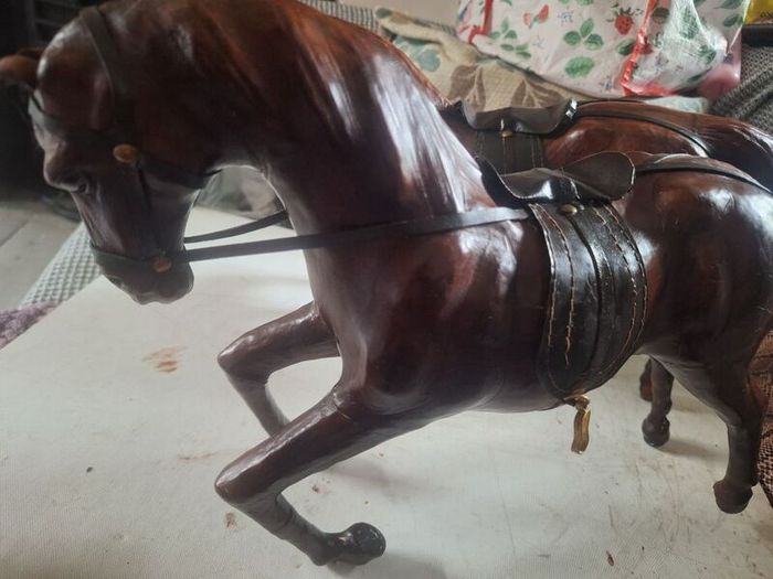 Vintage 1950s/60s Carved Wood wrapped in leather horses