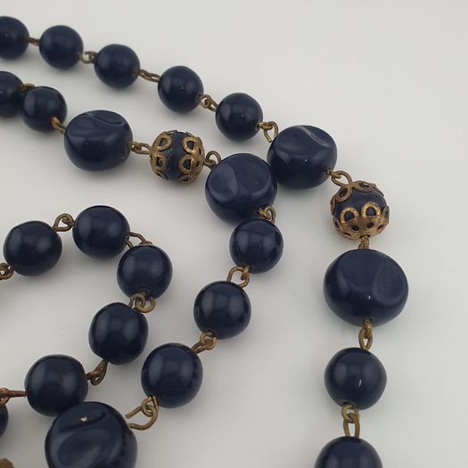 Antique African Style Cobalt Blue Glass & Brass Beads Long Necklace