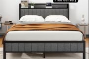 King Size Bed Frame with Storage and Headboard Shelf, Upholstered Bed Frame King Size with Metal Slats Enhanced Support, No Box Spring Needed, Gray Kingsize Bed Frames