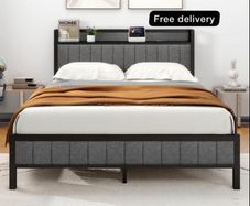 King Size Bed Frame with Storage and Headboard Shelf, Upholstered Bed Frame King Size with Metal Slats Enhanced Support, No Box Spring Needed, Gray Kingsize Bed Frames