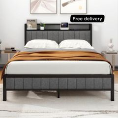 King Size Bed Frame with Storage and Headboard Shelf, Upholstered Bed Frame King Size with Metal Slats Enhanced Support, No Box Spring Needed, Gray Kingsize Bed Frames