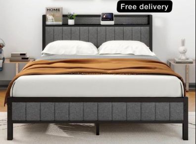 King Size Bed Frame with Storage and Headboard Shelf, Upholstered Bed Frame King Size with Metal Slats Enhanced Support, No Box Spring Needed, Gray Kingsize Bed Frames