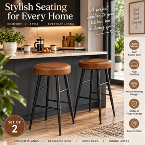 Set of 2 Swivel Bar Stools Brown Faux Leather & Black Steel