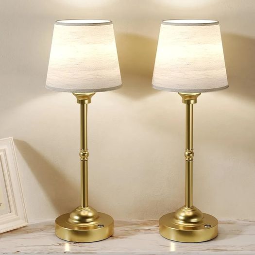 2 Pack Cordless Table Lamps, Fabric Desk Lamp with Stepless Dimming & 3 Colour Temperatures, 6000mAh USB-C Rechargeable Battery, Touch Control Night Light for Bedroom, Desk, Cafe