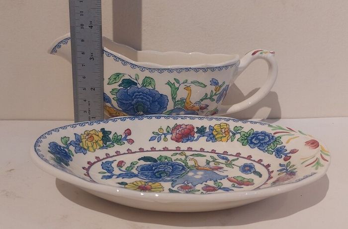 Beautiful Vintage Masons Ironstone Gravy Boat and Matching Underplate in the Regency Pattern, Circa 1940