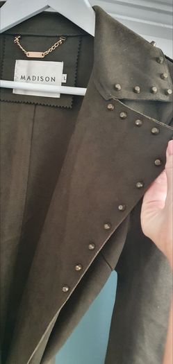 MADISON khaki midi length coat with stud detail open front with tie Sz L (12-16 UK) - Rrp 289 (New)