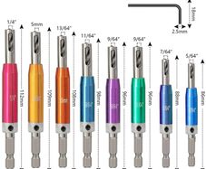 8 Pcs Hinge Drill Bit Set With Sharpener and Countersink Guide - HSS Self Centering Bits, 1/4" Hex Shank, Sizes: 5/64", 7/64", 9/64", 11/64", 5mm, 13/64", 1/4"
