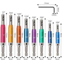 8 Pcs Hinge Drill Bit Set With Sharpener and Countersink Guide - HSS Self Centering Bits, 1/4" Hex Shank, Sizes: 5/64", 7/64", 9/64", 11/64", 5mm, 13/64", 1/4"