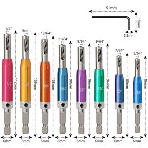 8 Pcs Hinge Drill Bit Set With Sharpener and Countersink Guide - HSS Self Centering Bits, 1/4" Hex Shank, Sizes: 5/64", 7/64", 9/64", 11/64", 5mm, 13/64", 1/4"