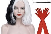 Black and white Wig for Cruella with Red Gloves