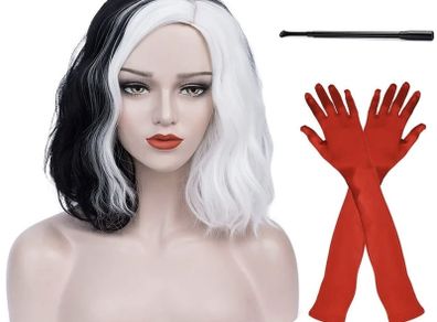 Black and white Wig for Cruella with Red Gloves