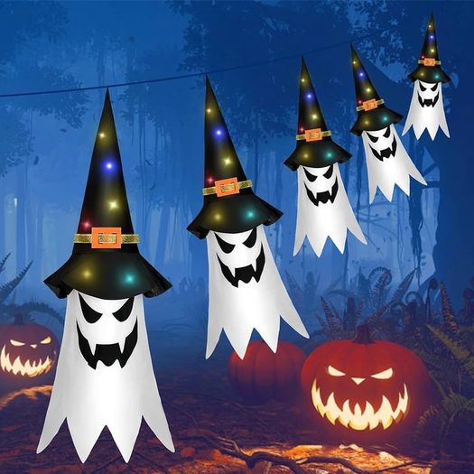 FREE SHIPPING Halloween Decorations Outdoor, Hanging Ghosts, Flying Ghost Hats, 5Pcs Halloween Glowing Witch Hats with Led LIghts, Scary Halloween Decor Outdoor Indoor for Home