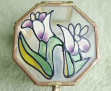Vintage Hexagon Brass and glass-stained glass lid trinket box